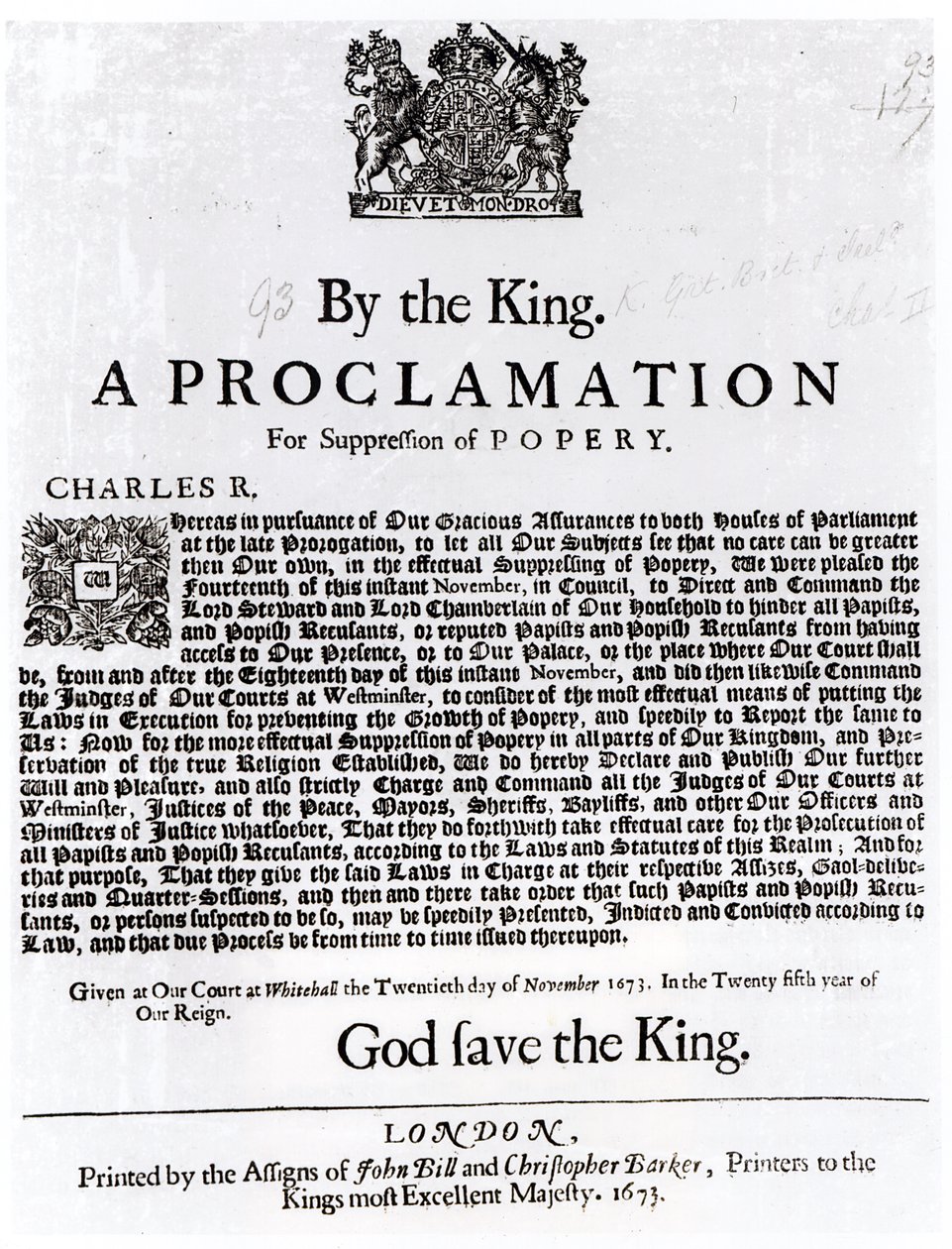 Královská deklarace, 1675 od English School