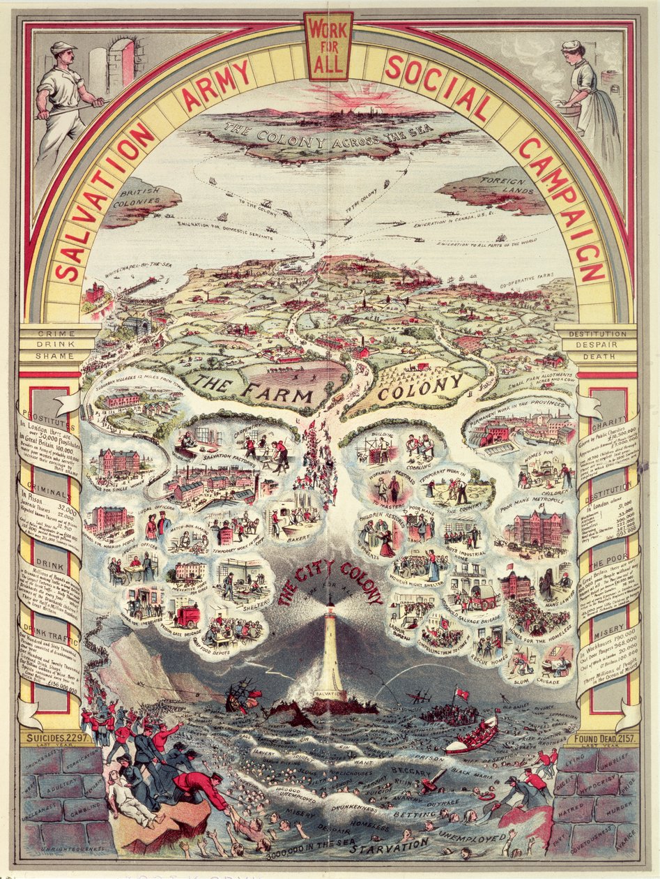 Propagační plakát sociální kampaně Armády spásy, Londýn, kolem roku 1910 (chromolitho) od English School