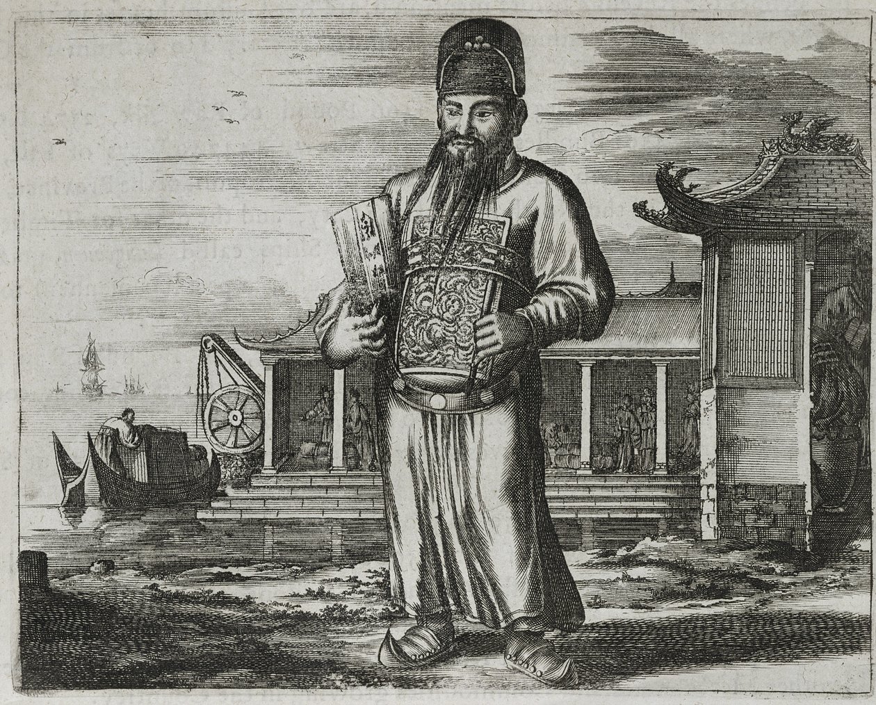 Vyšší státní úředník vybírající daně, ilustrace z popisu vyslanectví v Číně, 1690 od English School