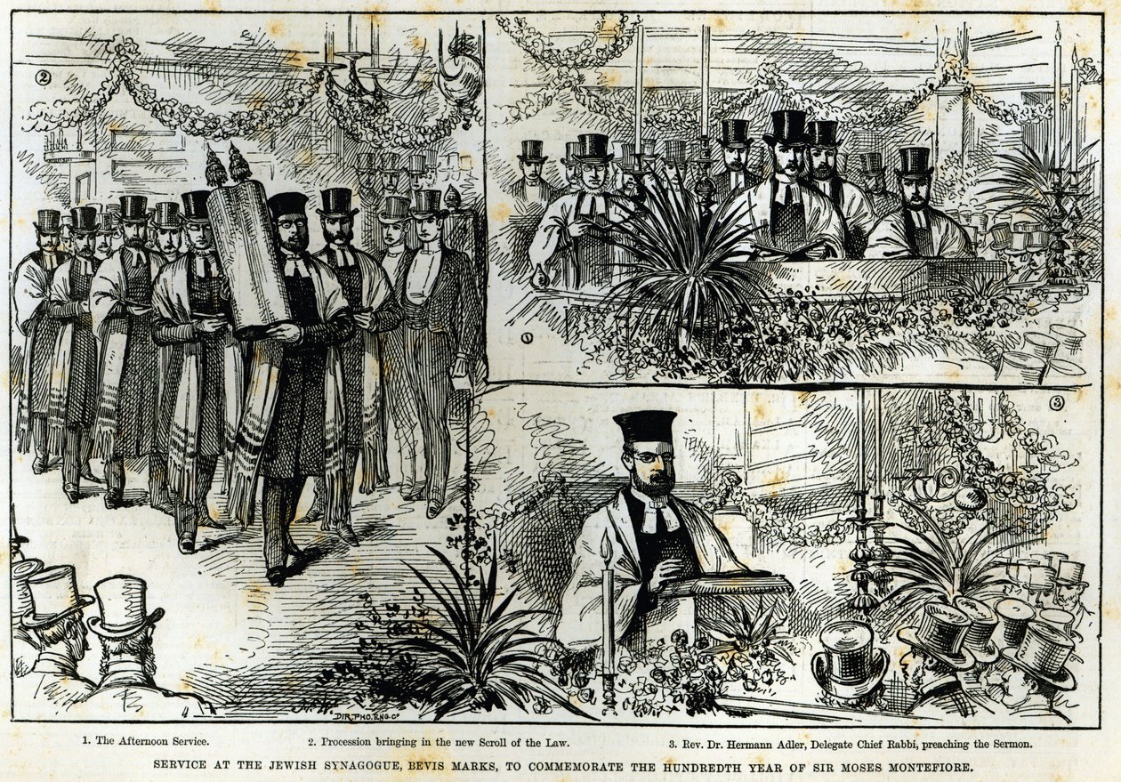 Bohoslužba v židovské synagoze, Bevis Marks, na památku stého výročí sira Mosese Montefiore, z „The Illustrated London News“, listopad 1884 od English School