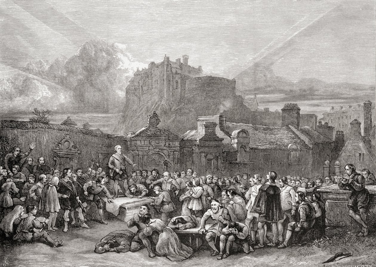 Podepsání smlouvy v Greyfriars Churchyard, Edinburgh v roce 1638, z knihy „Skotské obrázky nakreslené perem a tužkou“, od Samuela G. Greena, publikované v roce 1886 od English School