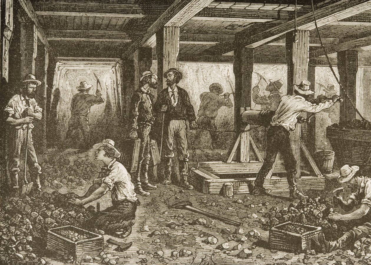 Těžba stříbra v Nevadě, kolem roku 1870, z 