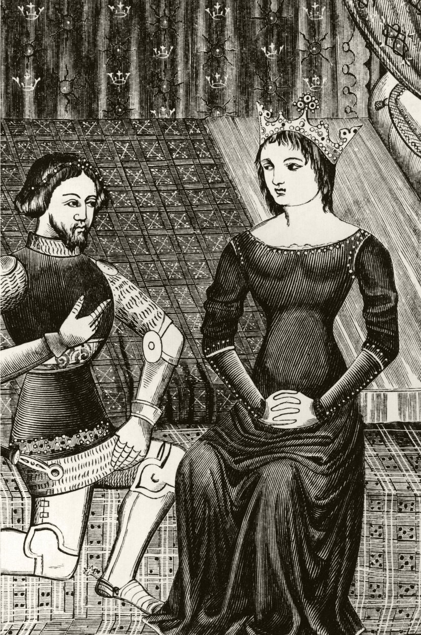 Sir Lancelot klečí před královnou Guinevere, vyryto podle miniatury z 12. století od English School