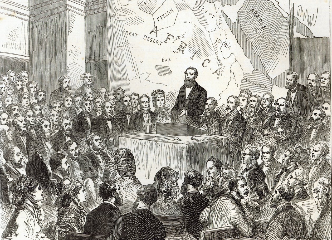 Sir Samuel Baker na setkání Královské geografické společnosti, z „The Illustrated London News“, 20. prosince 1873 od English School