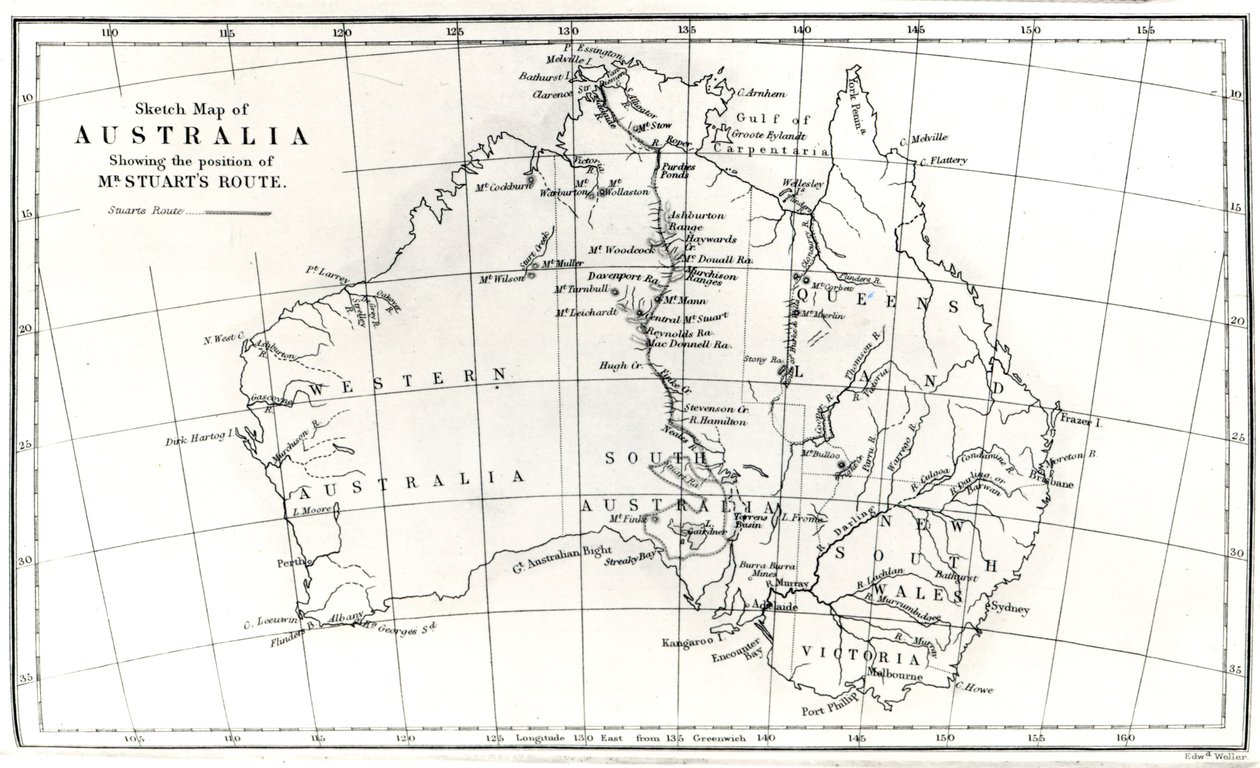 Náčrt mapy Austrálie ukazující polohu cesty pana Stuarta, 1864 od English School