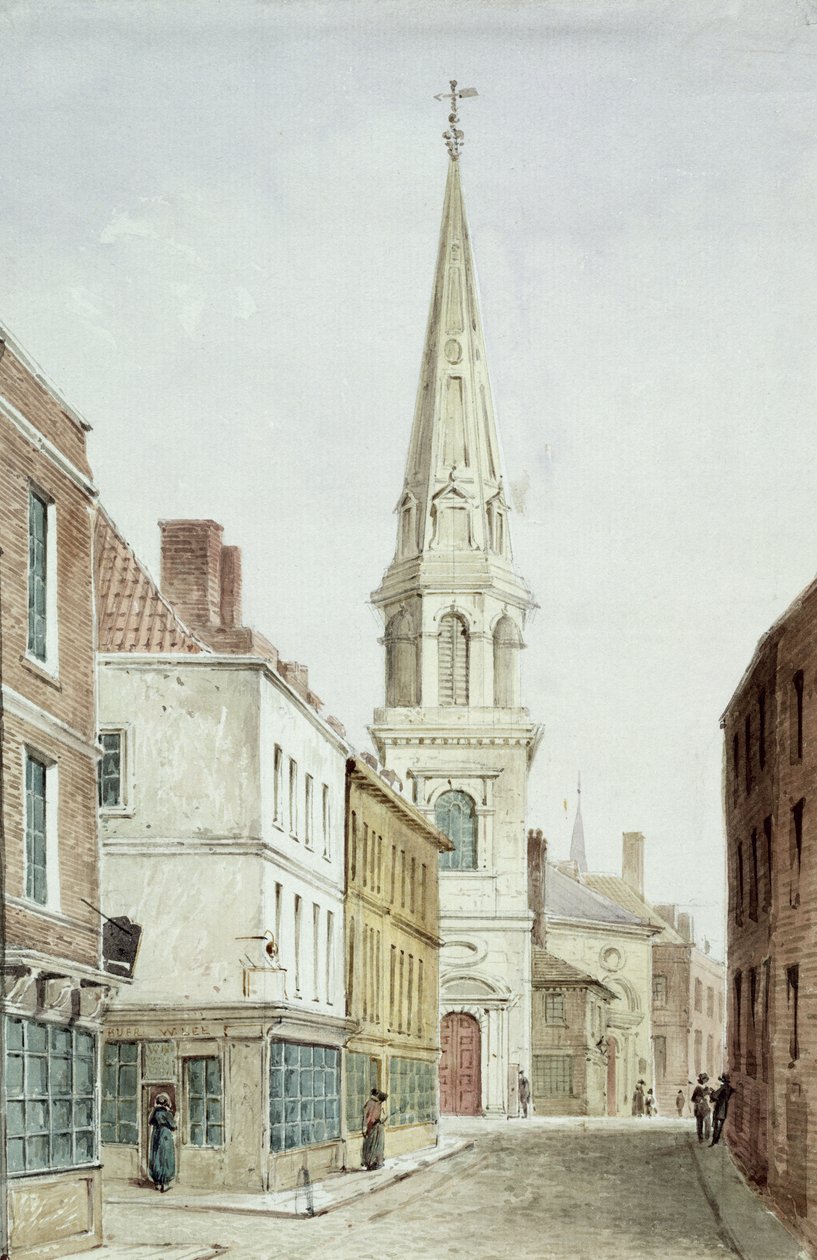 Kostel St. Antholins, pohled od západu podél Watling Street, cca 1850 (wc na papíře) od English School