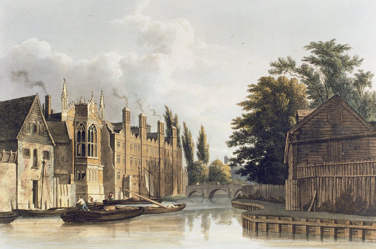 Johns College, Cambridge z Fishers Lane, deska z A History of Cambridge od R. Ackermanna, 1815 od English School