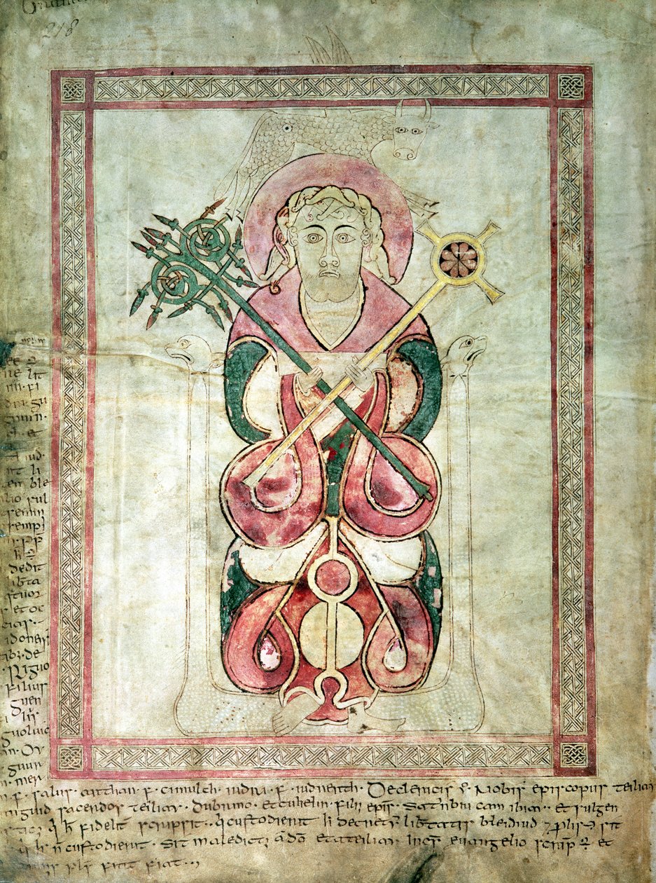 Sv. Lukáš a jeho okřídlené tele, titulní strana k evangeliu sv. Lukáše, z Lichfieldských evangelií, kolem 720 od English School