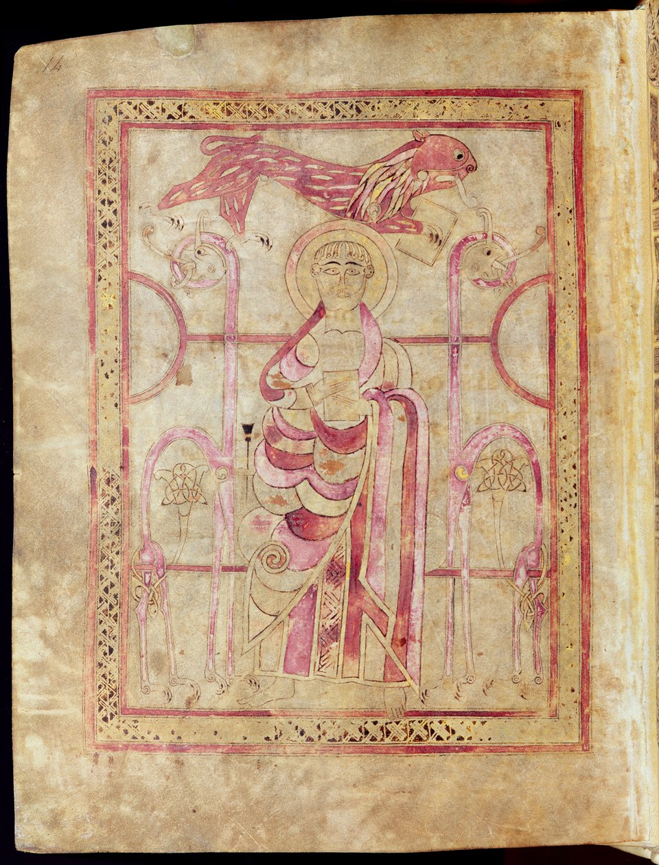 Sv. Marek trůnící se svým lvem, titulní strana k evangeliu sv. Marka, z Lichfieldských evangelií, kolem 720 od English School