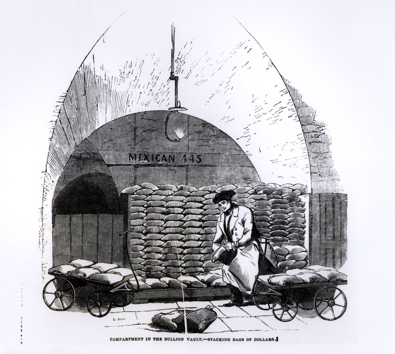 Skládání pytlů s dolary v přihrádce v trezoru drahých kovů z „Illustrated London News“ publikované 8. března 1845 od English School
