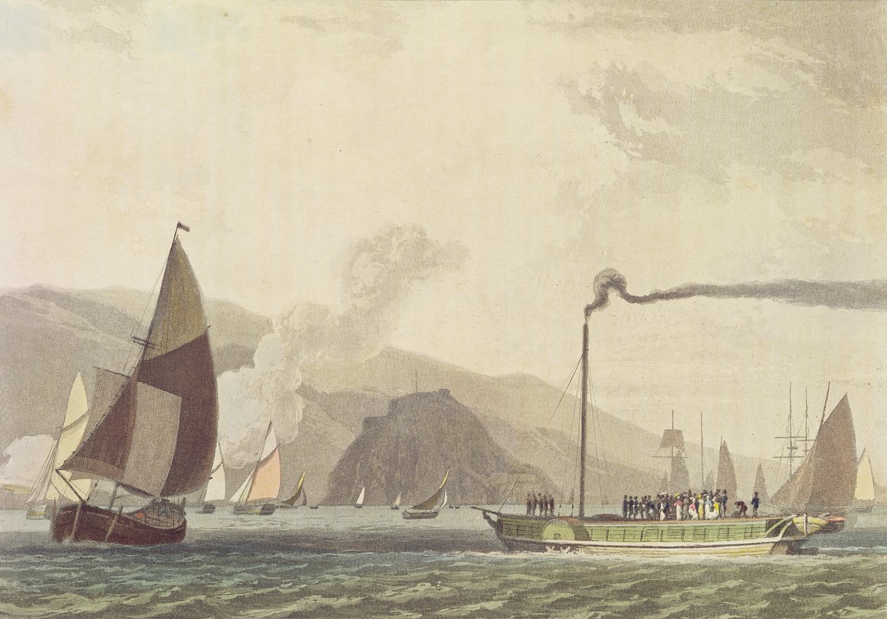 Parní člun na Clyde poblíž Dumbarton, 1802 (akvatinta) od English School