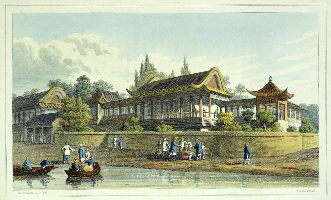 Letní palác císaře, naproti městu Tien-Sing, deska 2 z Journal of the Proceedings of the Late Embassy to China, ryl J. Clark, 1817 (akvatinta) od English School