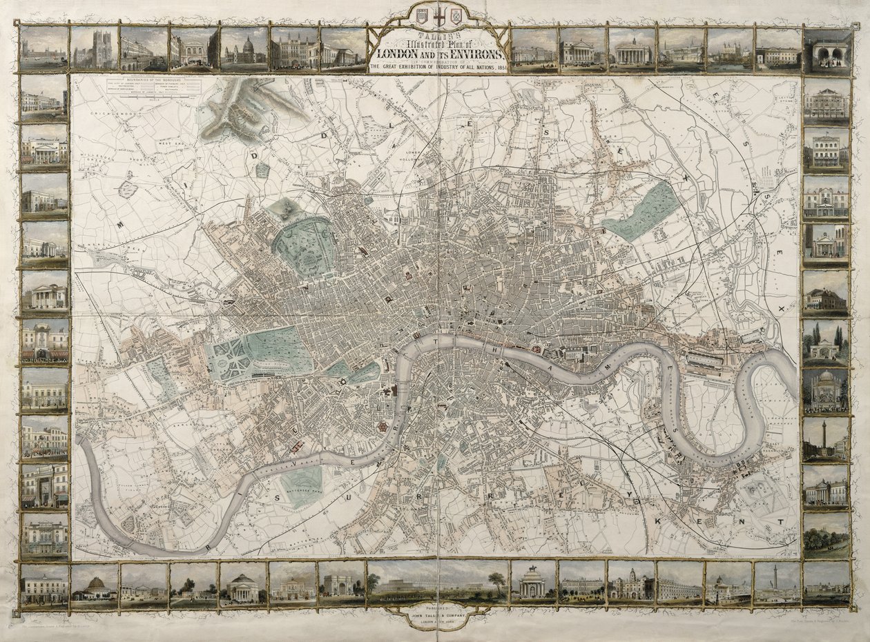 Talliss Illustrated Plan of London and its Environs, in Commemoration of the Great Exhibition of Industry of all Nations, 1851, publikoval John Tallis & Co. od English School
