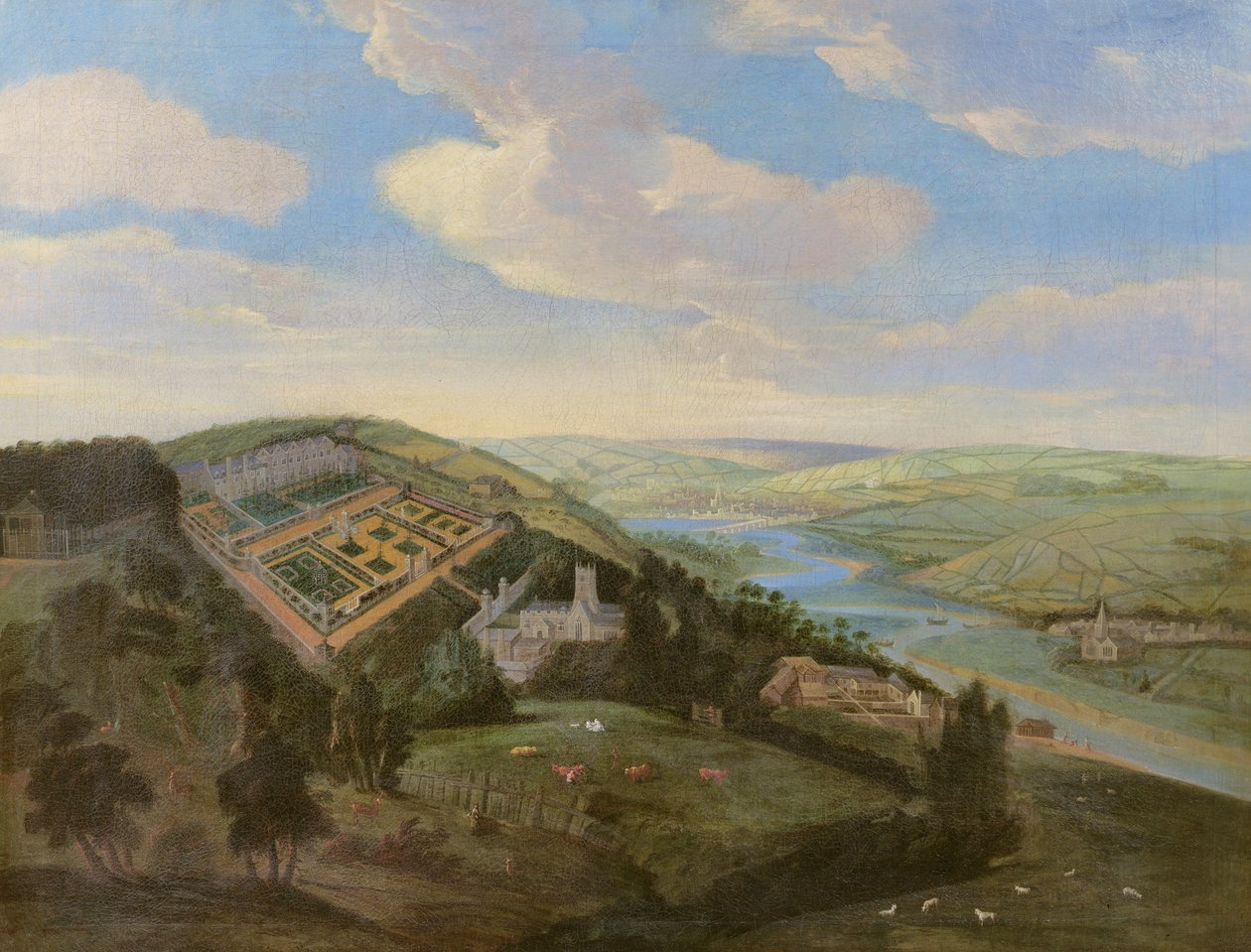 Tawstock Court v Devonu, s výhledem na Barnstable v dálce, kolem roku 1740 od English School