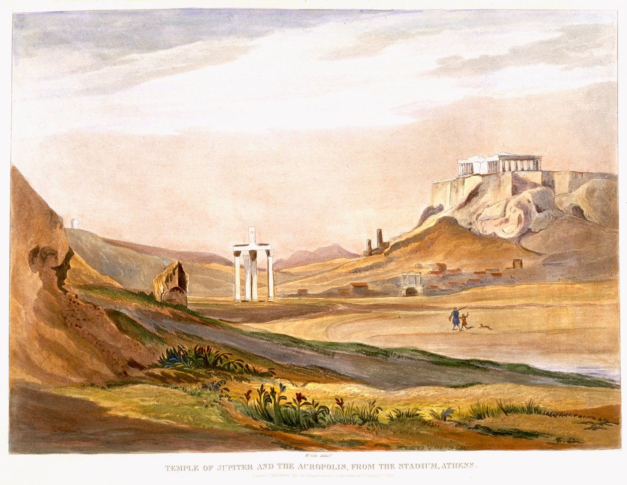 Jupiterův chrám a Akropole, ze stadionu v Aténách, publikoval Londýn 1835 (barevná akvatinta) od English School