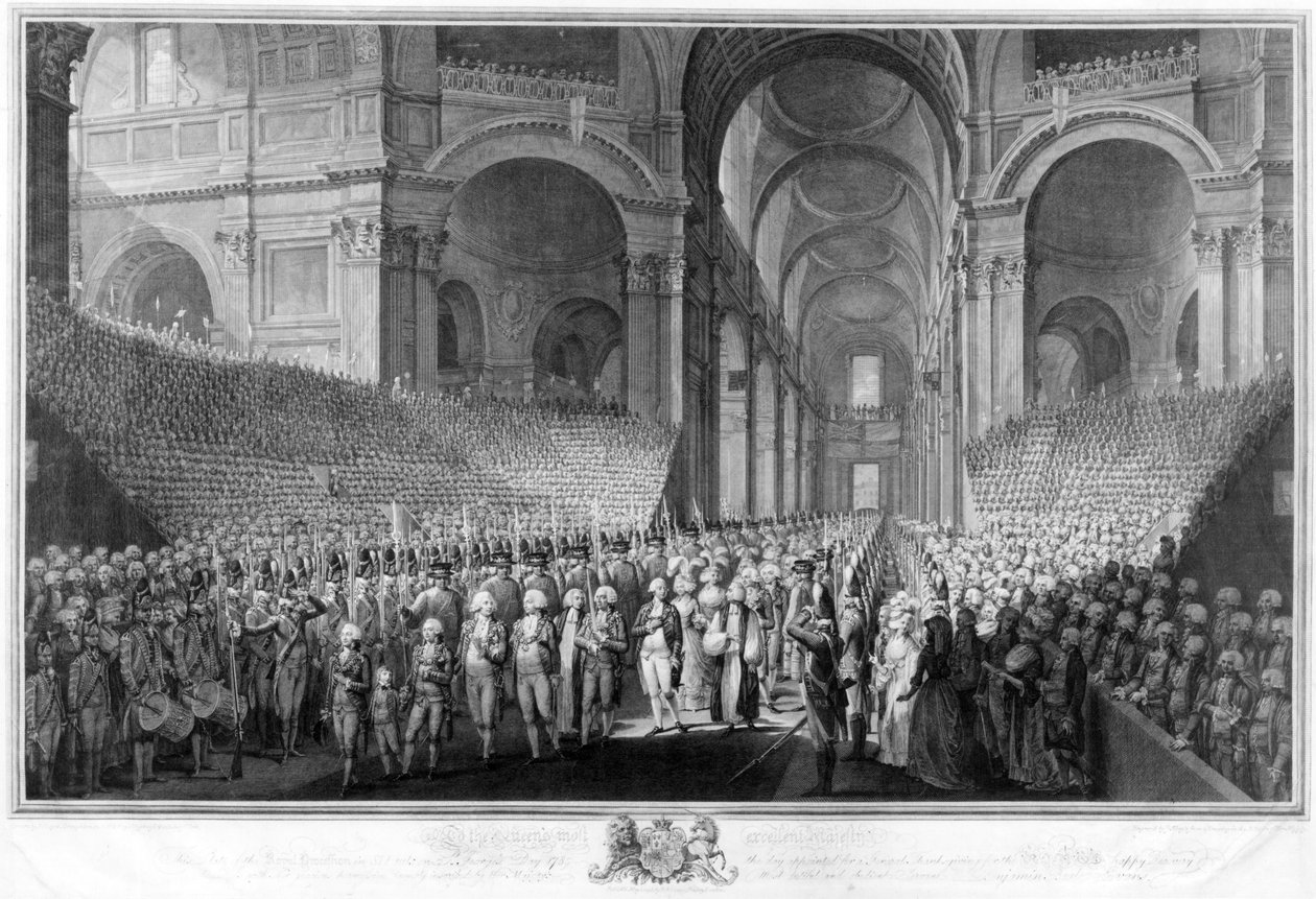 Díkůvzdání bohoslužba v katedrále sv. Pavla na oslavu uzdravení krále Jiřího III., 23. dubna 1789 od English School