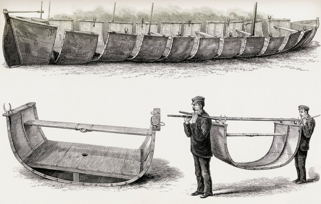 28stopý ocelový člun Advance, navržený k přepravě po zemi, 1890 (dřevoryt) od English School