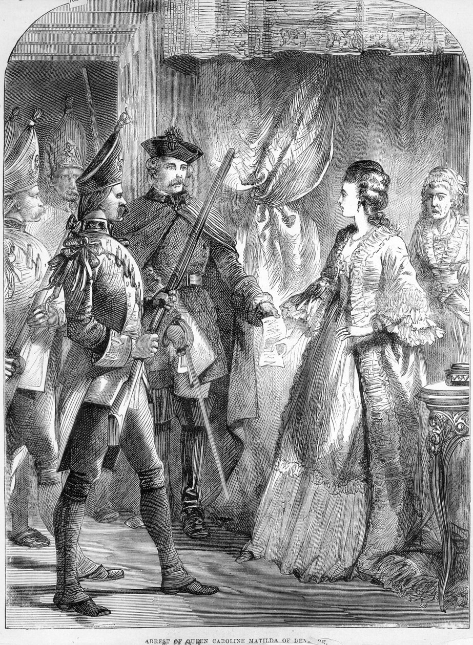 Zatčení Caroline Matildy, královny Dánska a Norska v roce 1772 (tisk) od English School