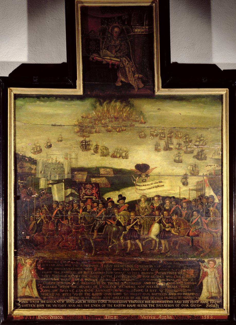 Příjezd královny Alžběty I. (1530-1603) do Tilbury; a Porážka španělské armády, panel na levé straně, anglickou školou (17. století) od English School