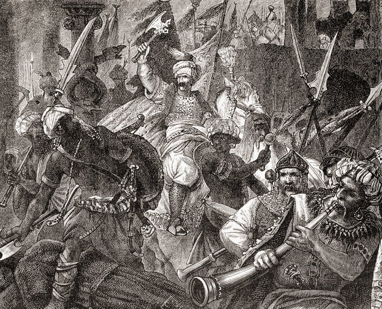 The Battle of Alcacer Quibir alias Battle of Three Kings or Battle of Oued al-Makhazin, severní Maroko, 4 August 1578, from Ward and Locks Illustrated History of the World, pub. c.1882 od English School