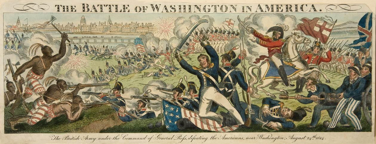 Bitva o Washington v Americe, 24. srpna 1814, pub. C.1816 (ručně kolorovaná rytina) od English School