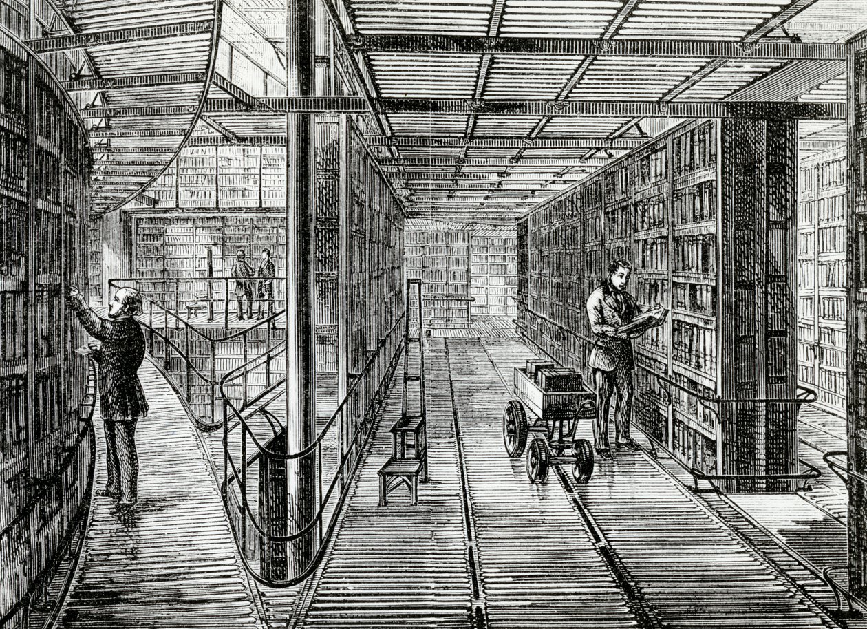 Knižní skříně v Britském muzeu, ilustrace z knihy "Starý a nový Londýn" od Edwarda Walforda, vydáno kolem roku 1880. od English School