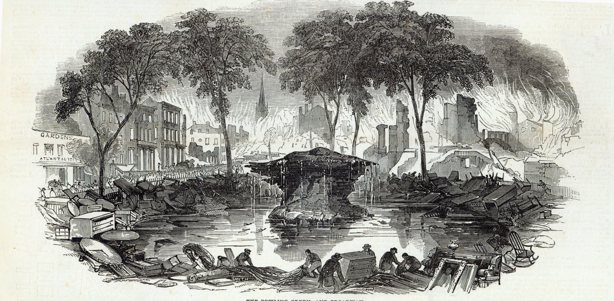 Bowling-green a Broadway, New York, z The Illustrated London News, 23. srpna 1845 od English School