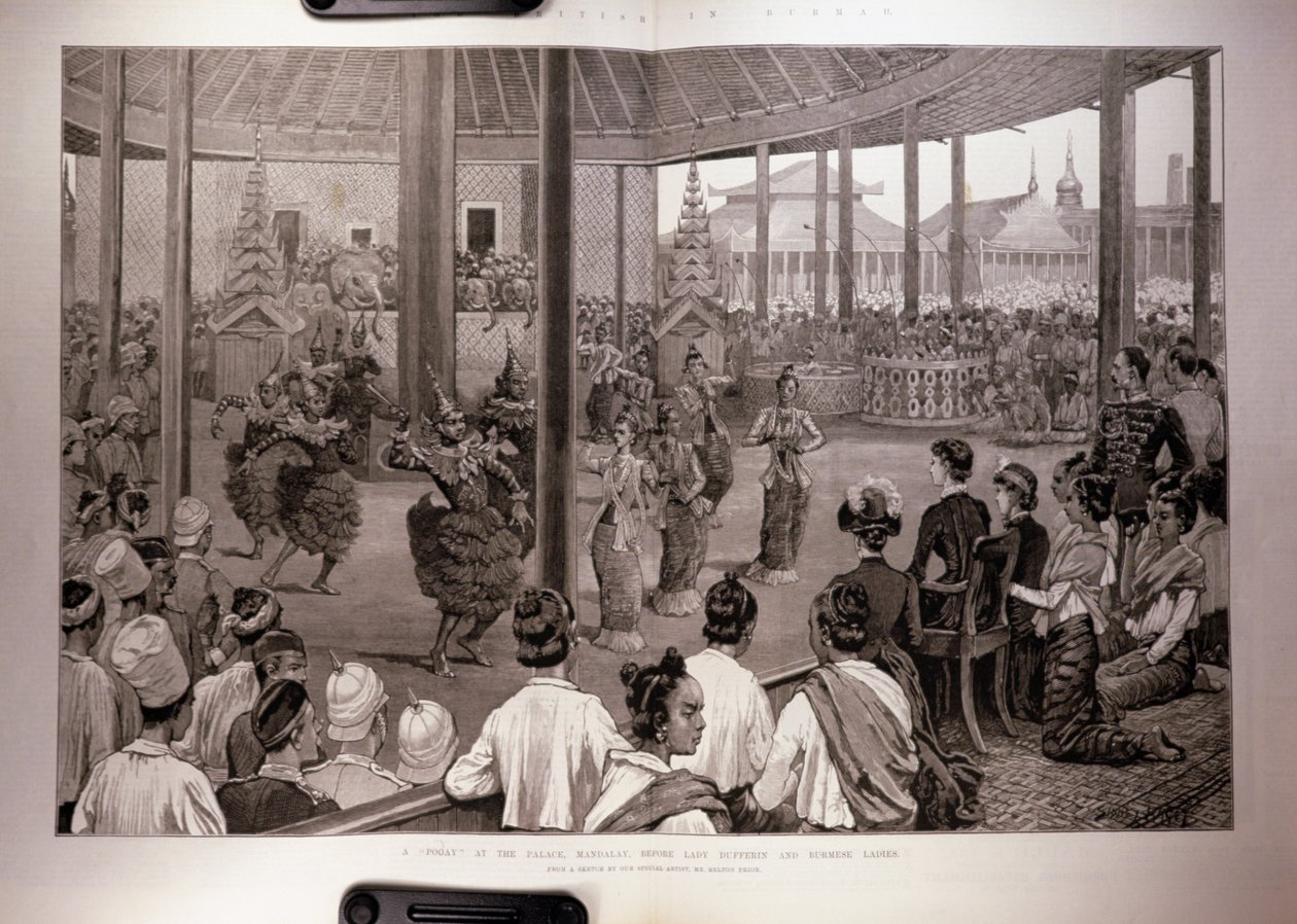 Britové v Barmě: Chudí v paláci, Mandalay, před lady Dufferinovou a barmskými dámami, z „The Illustrated London News“, 17. dubna 1886 od English School
