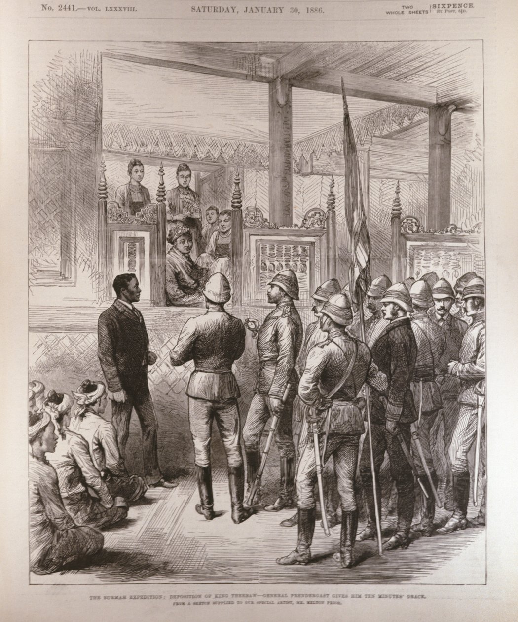 Barmské sesazení krále Theebawa (1858-1916): Generál Prendergast mu dává deset minut milosti, z The Illustrated London News, 30. ledna 1886 od English School
