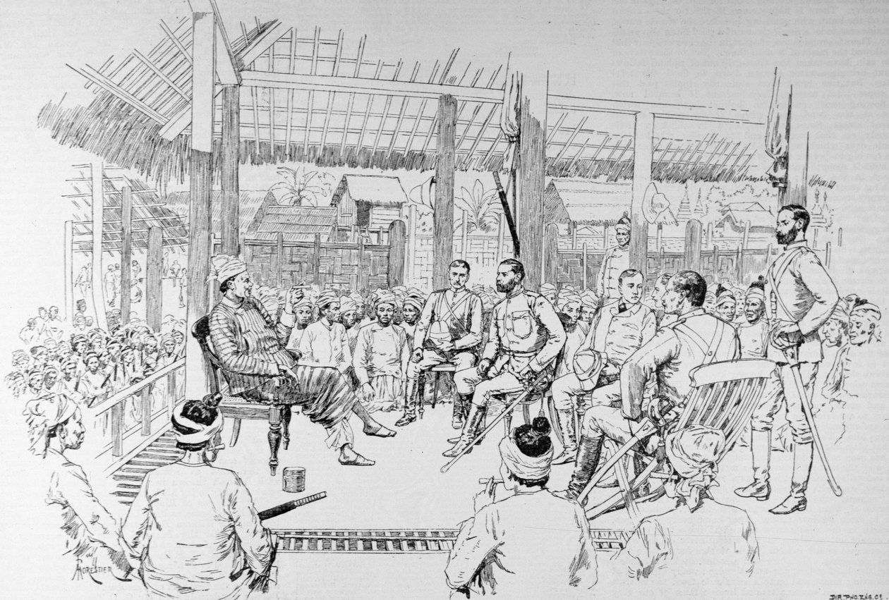 The Burmah Expedition: General Prendergast Calling on the Woon of Burmah, z „The Illustrated London News“, 20. února 1886 od English School