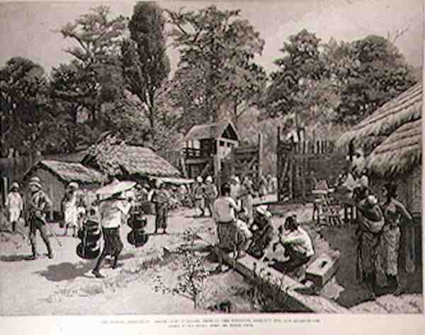 Expedice do Barmy: Jižní brána Bhamo ukazuje palisádu, vyhlídkovou chýši a strážnici, z The Illustrated London News, 3. června 1886 od English School