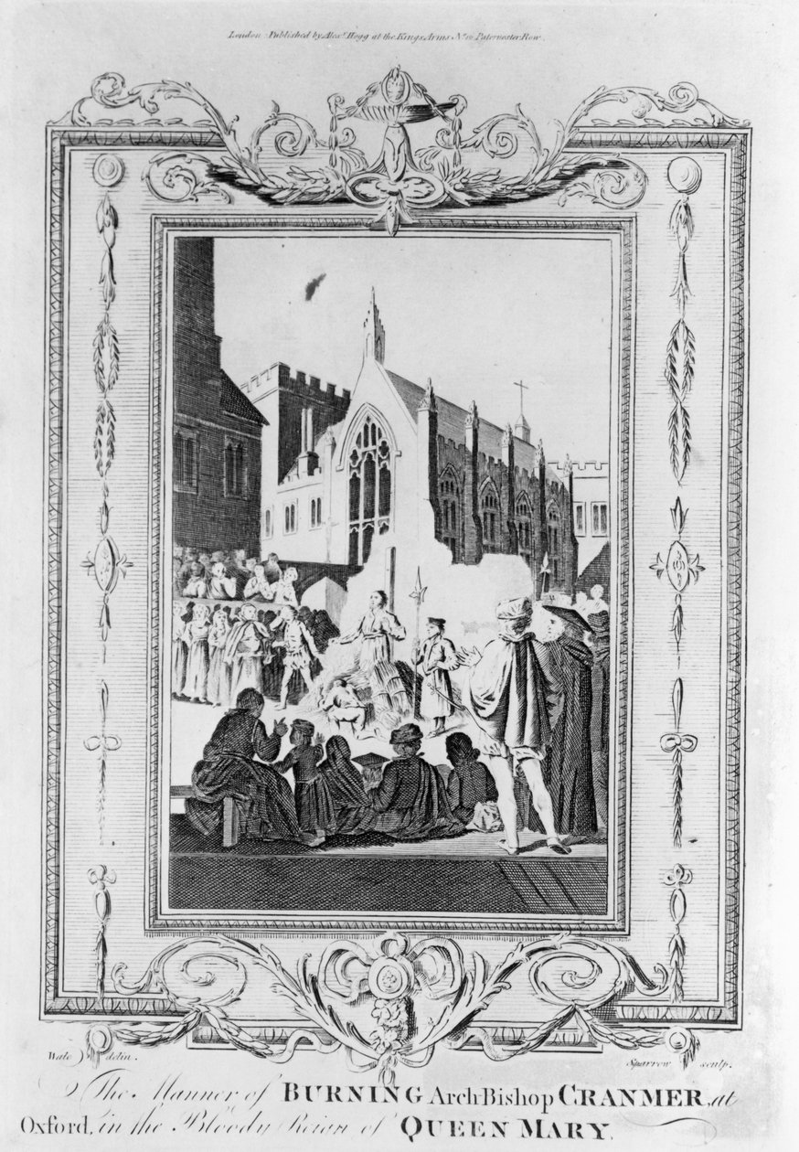 Upálení arcibiskupa Thomase Cranmera (1489-1556) v Oxfordu za krvavé vlády královny Marie (1516-58), vyryl Thomas Sparrow (1765-84) od English School