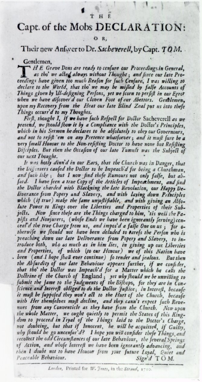 Deklarace kapitána davů aneb jejich nová odpověď Dr. Sacheverellovi, kapitán Tom, 1710 (tisk) od English School