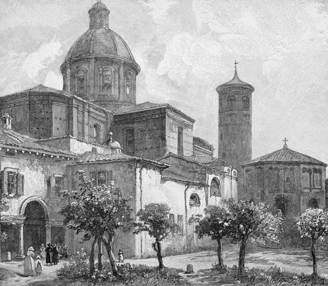 Katedrála a baptisterium, Ravenna, Itálie, z knihy "The Picturesque Mediterranean", svazek 3, vydané nakladatelstvím Cassell and Co. Ltd., 80.-90. léta 19. století od English School