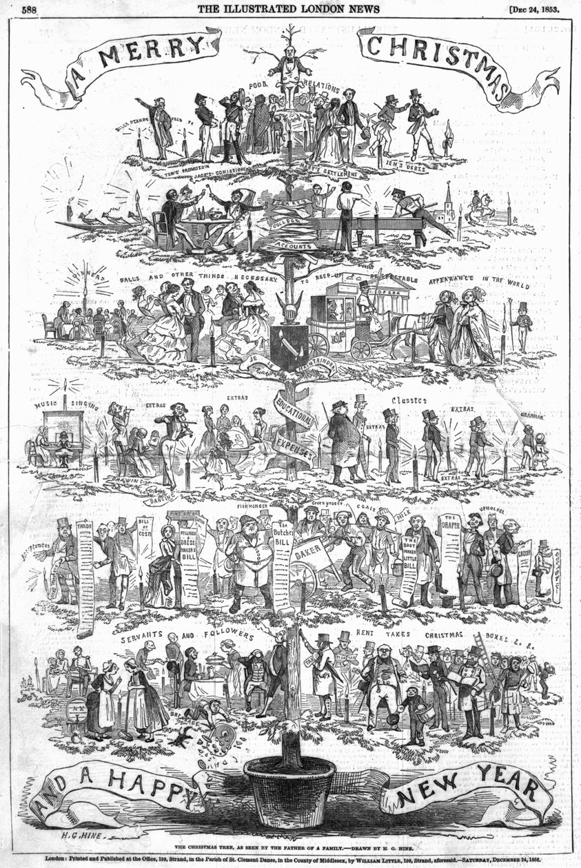 Vánoční strom, jak ho viděl otec rodiny, ilustrace z „The Illustrated London News“, 24. prosince 1853 od English School