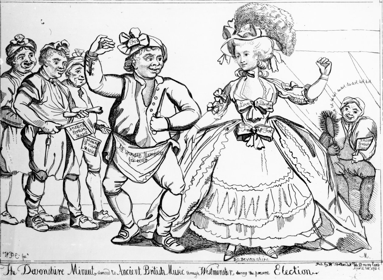 Devonshire Menuet, během voleb tančil na starou britskou hudbu přes Westminster, tisk vytvořil William Paulet Carey, 1784 od English School
