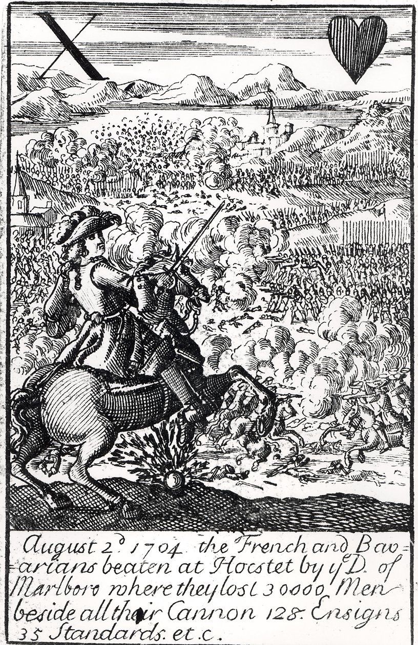 The Duke of Marlborough Defeats the French and Bavarians at the Battle of Blenheim, 2. srpna 1704, anglická hrací karta od English School