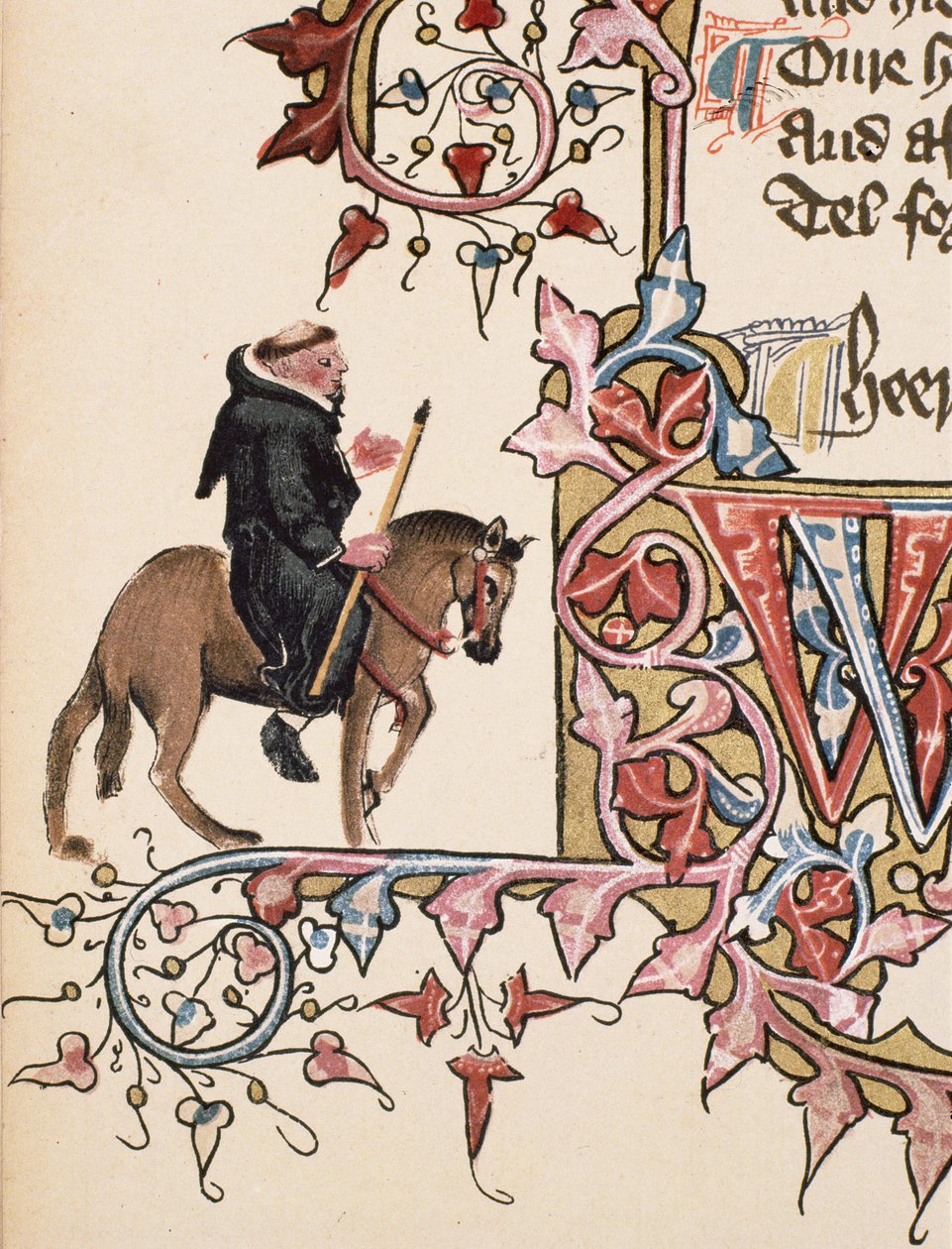 The Friar, detail z Canterbury Tales, od Geoffreyho Chaucera (c.1342-1400) Ellesmere Manuscript, faksimilové vydání, 1911 (originální detaily viz 128933) od English School