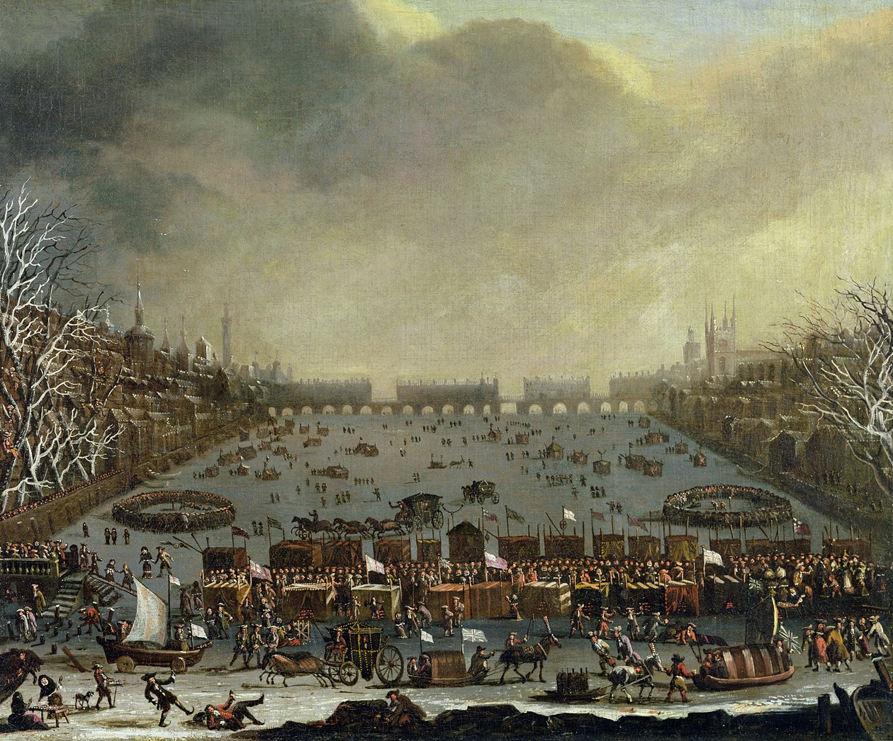Frost Fair v zimě 1683-4 na Temži, s Old London Bridge v dálce. c.1685 od English School