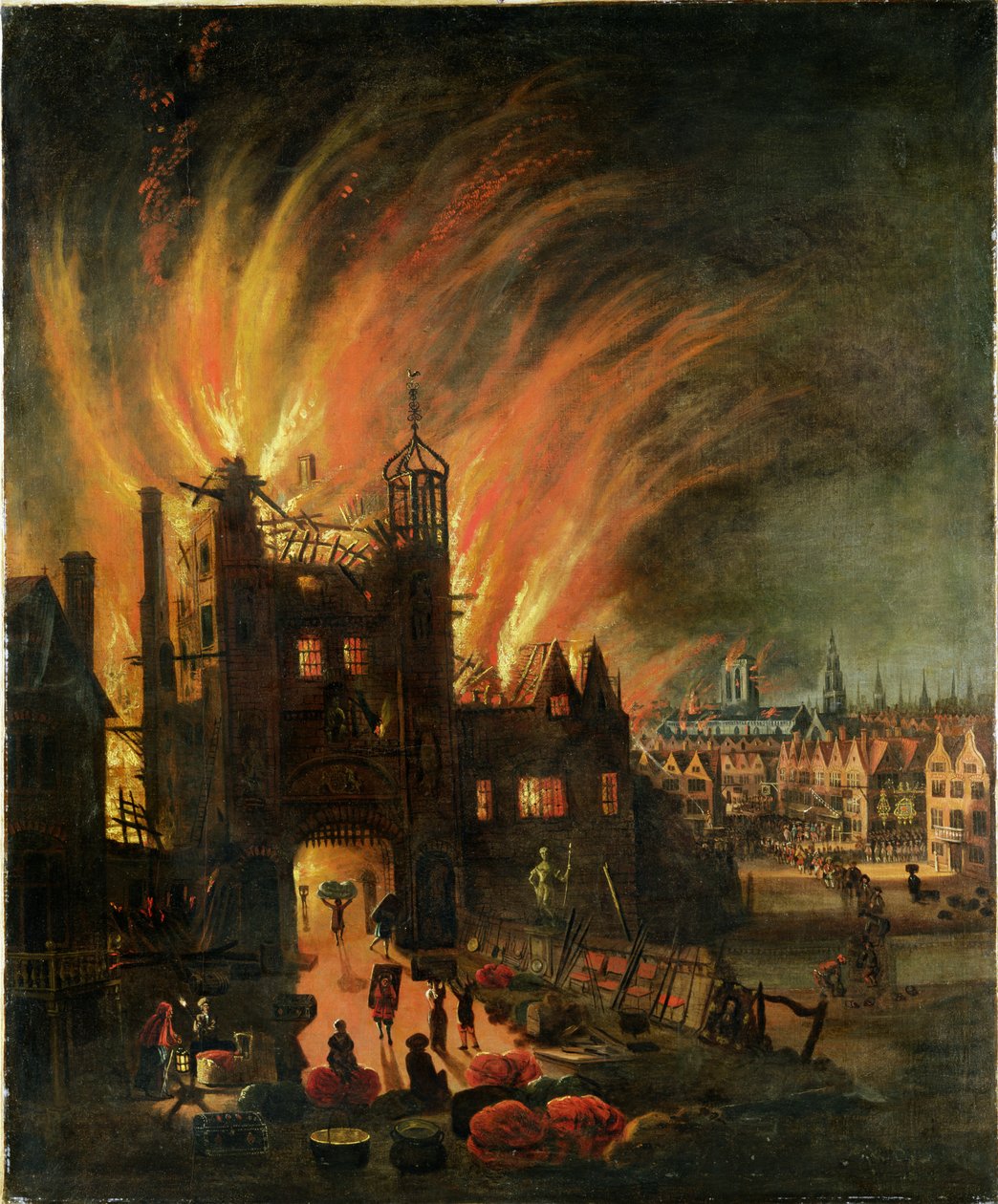 Velký požár Londýna (září 1666) s Ludgate a Old St Paul