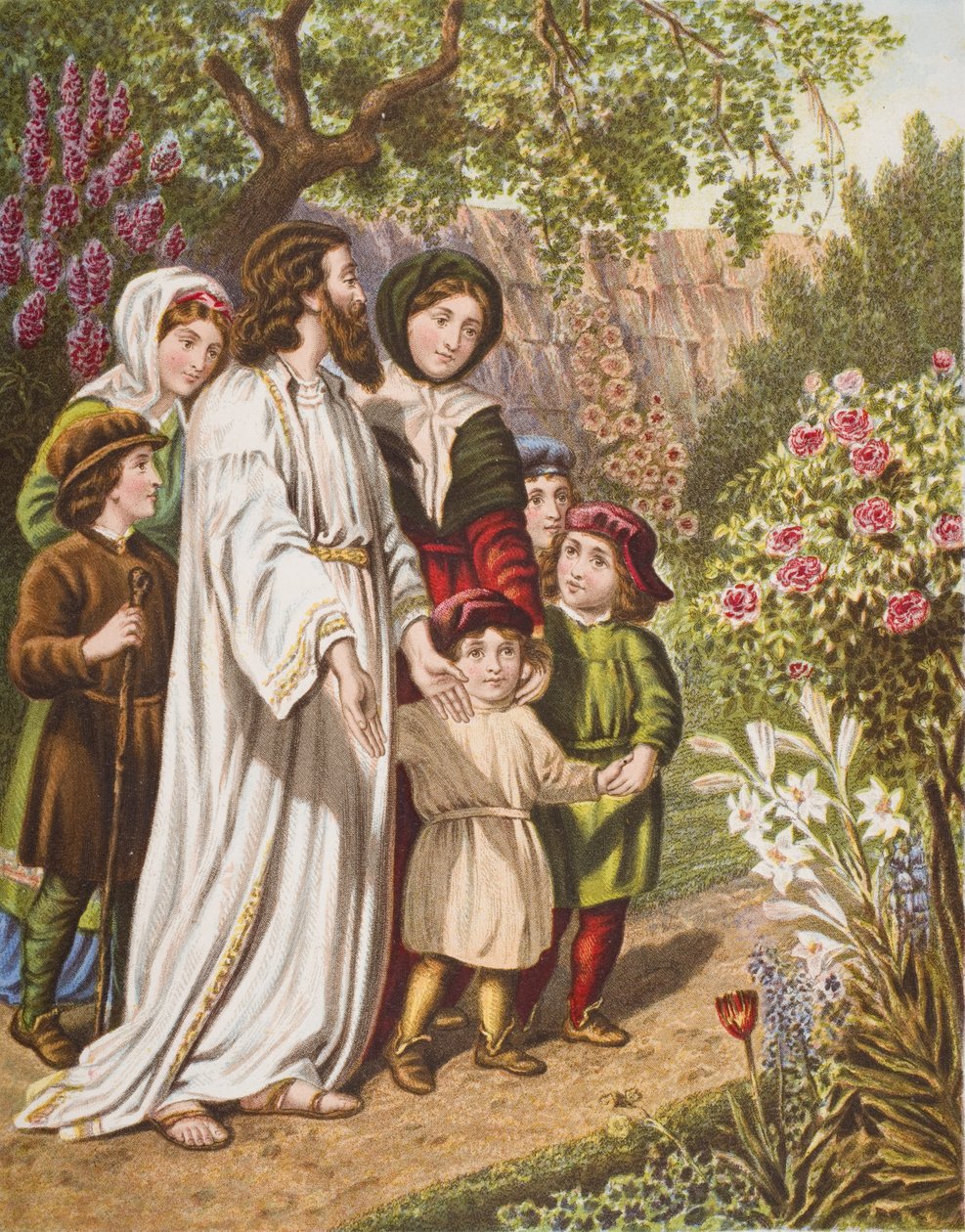 Tlumočník s poutníky v zahradě, ilustrace z „Poutníkův pokrok“ od Johna Bunyana (1628-88) od English School