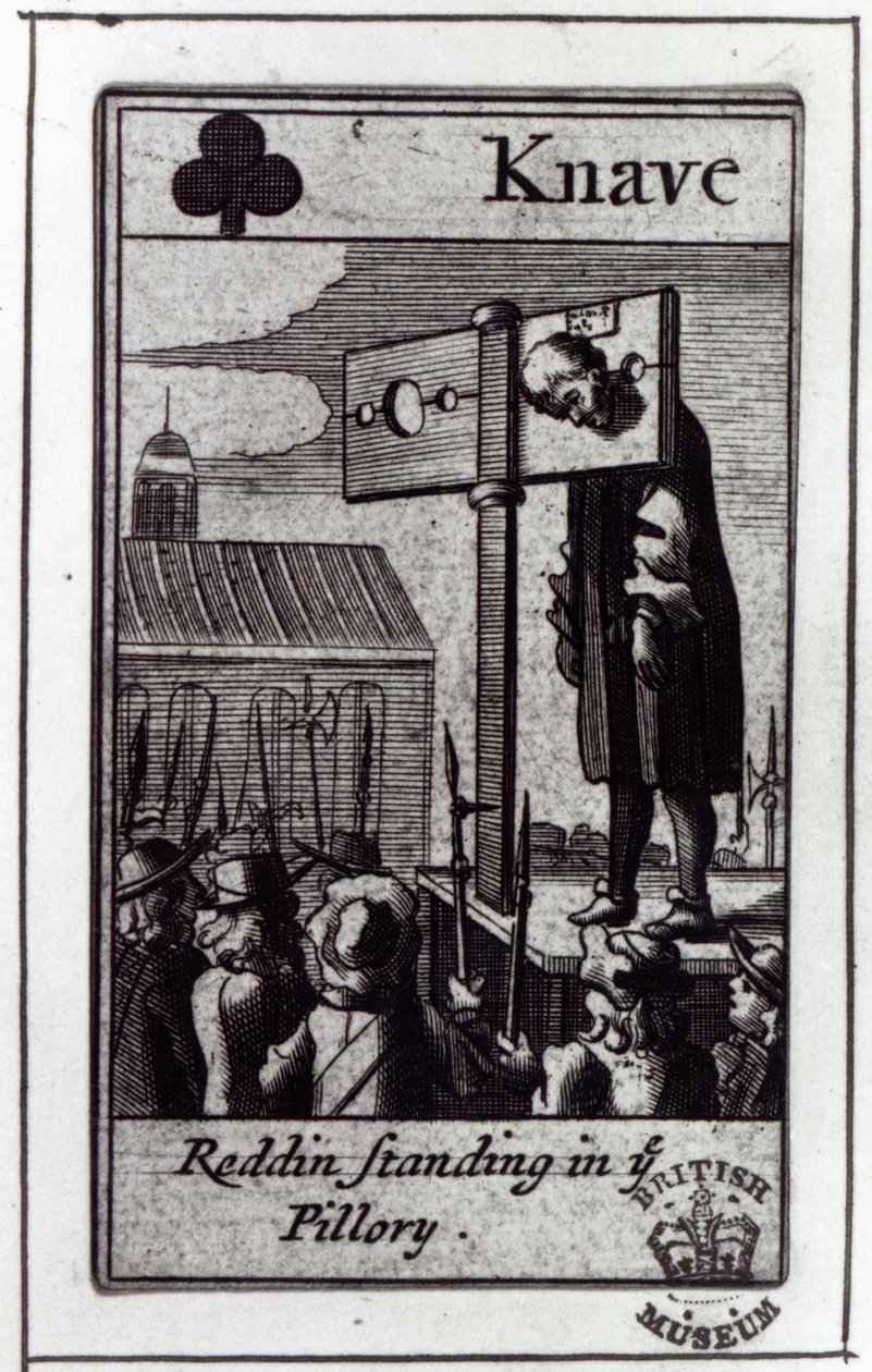 The Knave of Clubs, z balíčku karet vztahujících se k papežskému spiknutí z roku 1678 a odsouzení Nathaniela Readinga, 1679 od English School