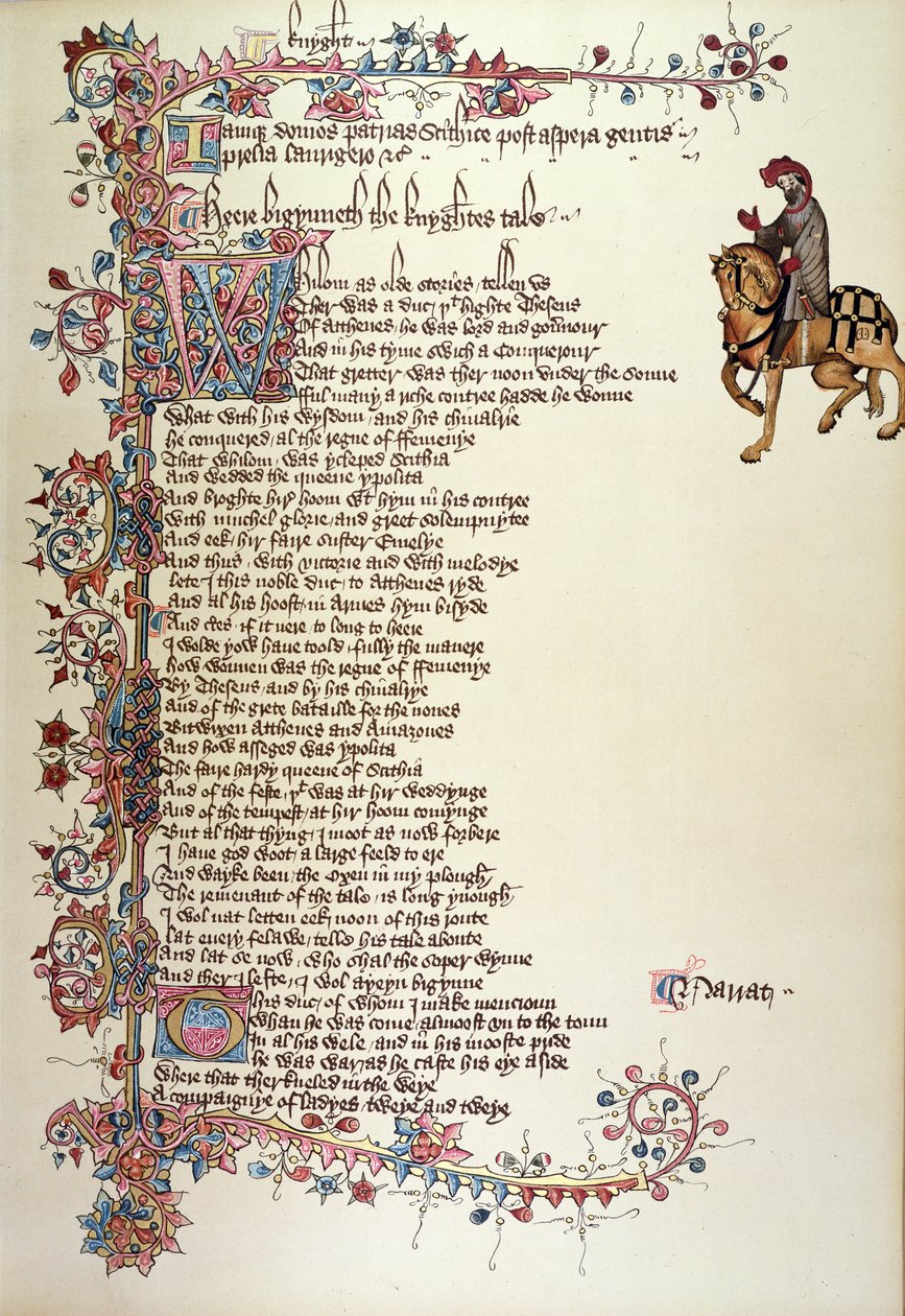 The Knight, detail z Canterbury Tales, od Geoffreyho Chaucera (asi 1342-1400) Ellesmere Manuscript, faksimile vydání, 1911 (originální detaily viz 128937) od English School