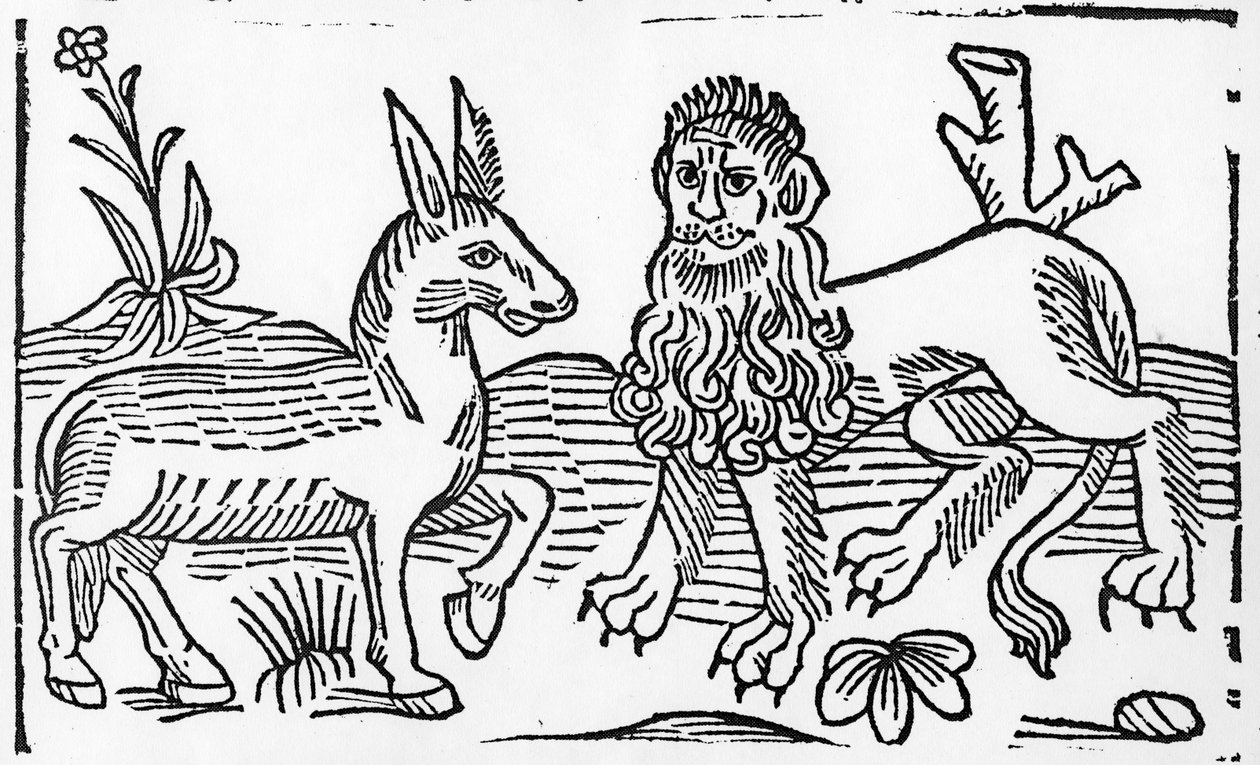 Lev a osel, ilustrace z Caxtonových „Aesopových bajek“, 1484 od English School