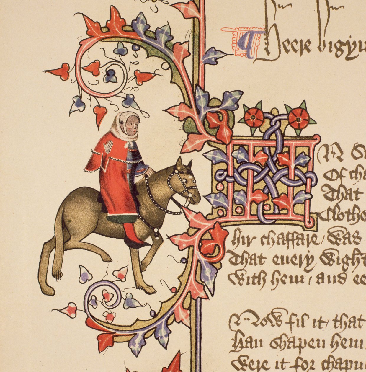 Muž zákona, detail z Canterburských příběhů, od Geoffreyho Chaucera (asi 1342-1400) Ellesmere Manuscript, faksimilové vydání, 1911 (originální detaily viz 128931) od English School