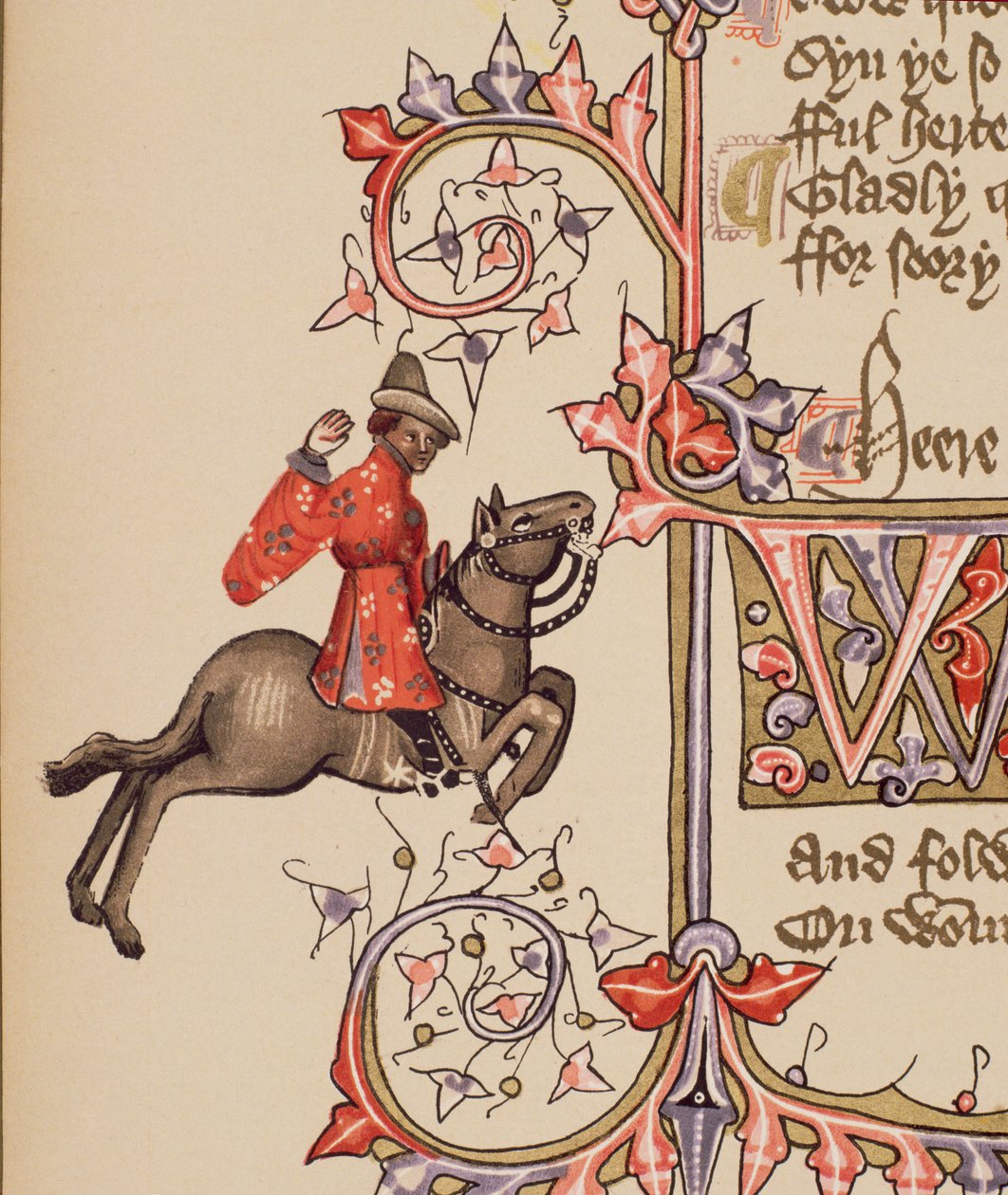 The Merchant, detail z Canterbury Tales, od Geoffreyho Chaucera (c.1342-1400) Ellesmere Manuscript, faksimilové vydání, 1911 (originální detaily viz 128920) od English School