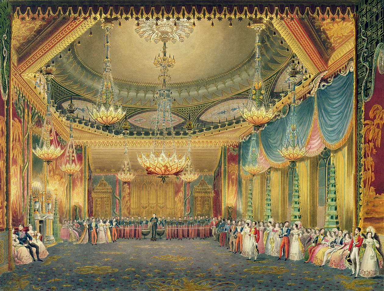 The Music Room, from Views of the Royal Pavilion, Brighton od Johna Nashe (1752-1835) 1826 (akvatinta) od English School