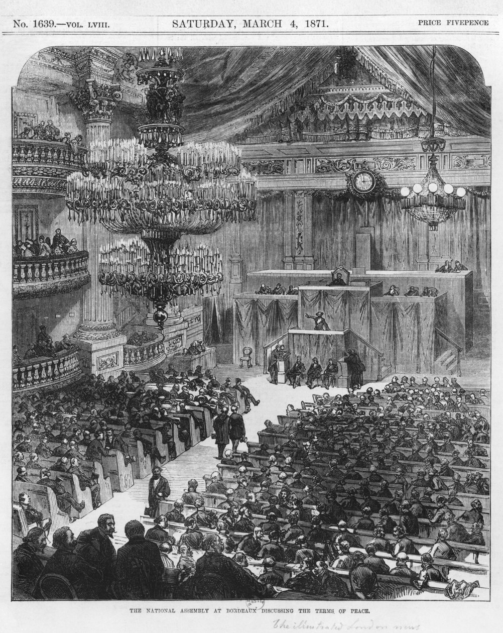 Národní shromáždění v Bordeaux projednávající podmínky míru, 4. března 1871 (č. rytina) od English School