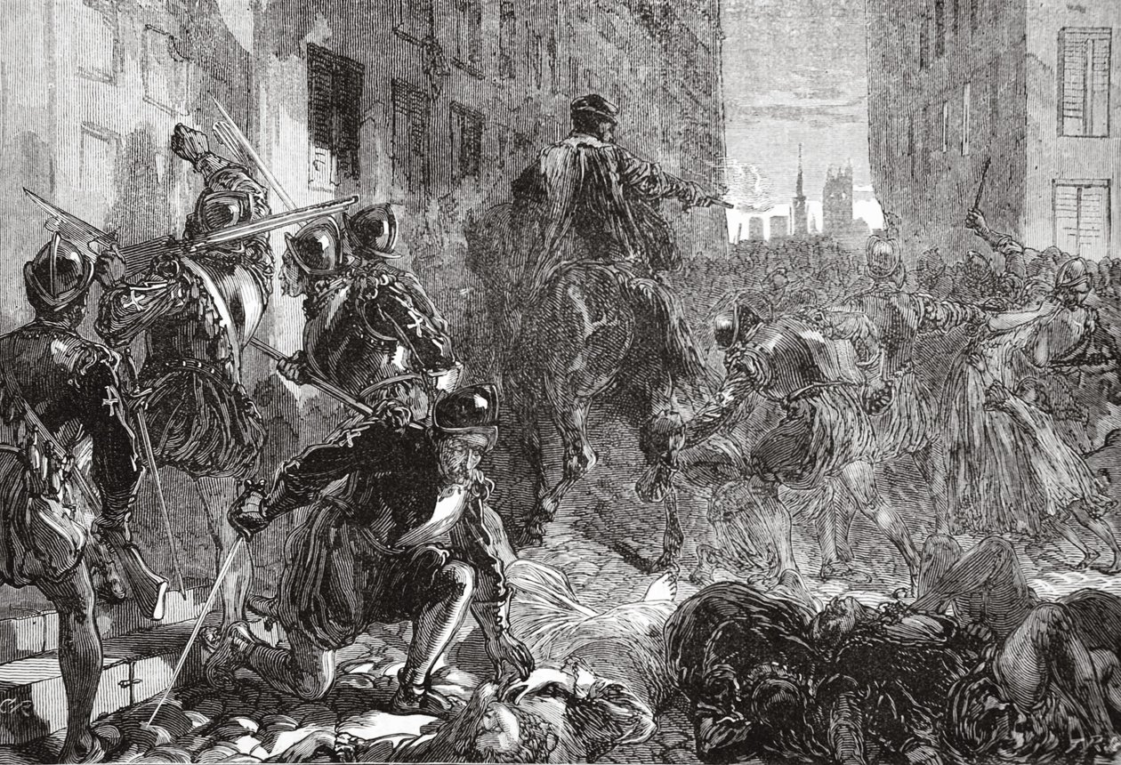 Noc masakru svatého Bartoloměje, ilustrace z Dějin protestantismu od Jamese Aitkena Wylie (1808-1890), hospoda. 1878 od English School