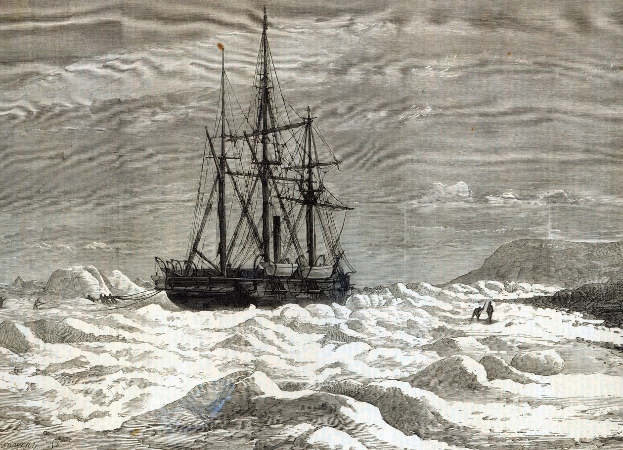 Expedice na severní pól: Výstraha přitisknutá ledem ke břehu u mysu Beechy, z "The Illustrated London News", 1876 od English School